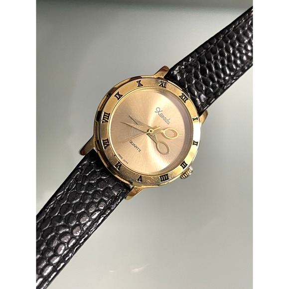 Vintage XANADU Women Watch Scissor Hands WORKS Gold Tone Black Leather Swiss - Picture 7 of 16